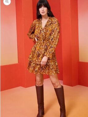 Marie Oliver Una Silk Metallic Marigold Harvest Floral Tiered Ruffle Mini Dress